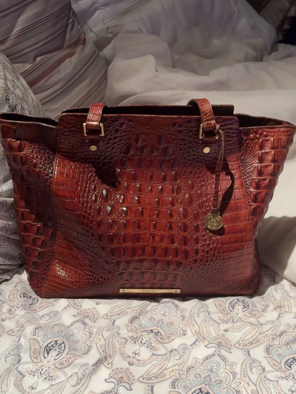 Brahmin Cognac Croc-Embossed Leather Tote with Gold Hardware